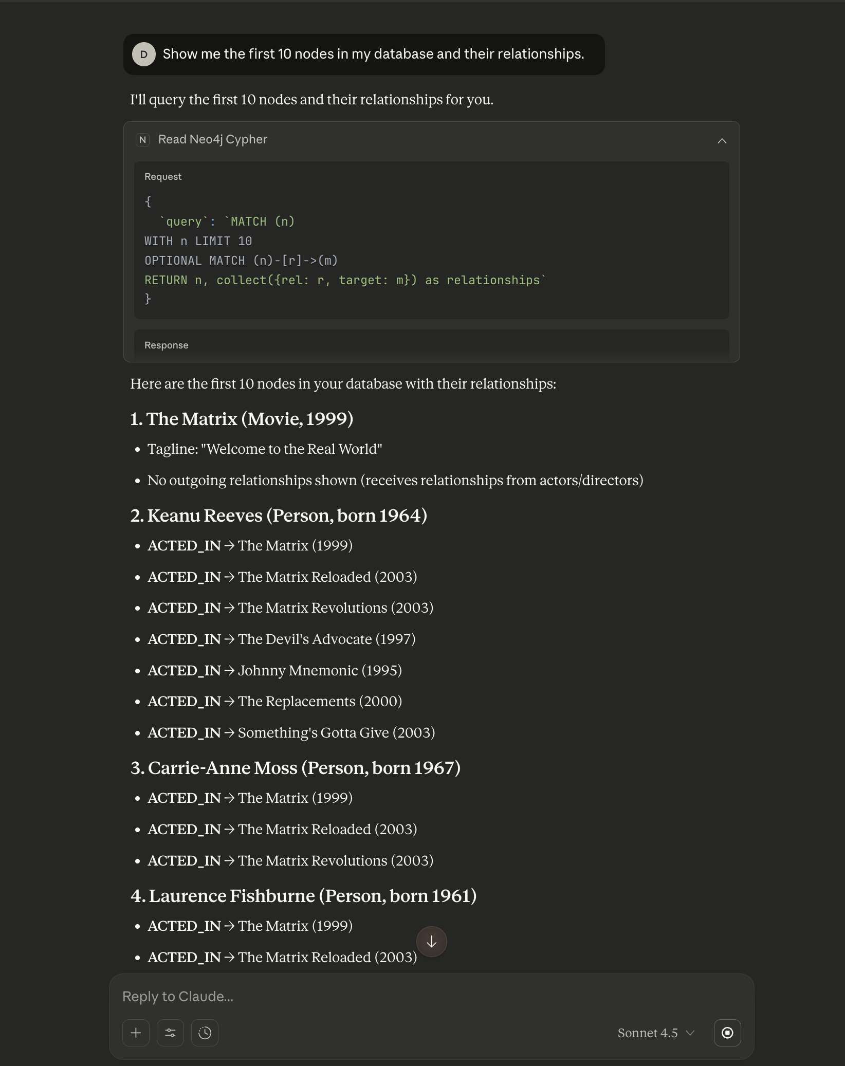 Claude executing read query on Neo4j - part 1