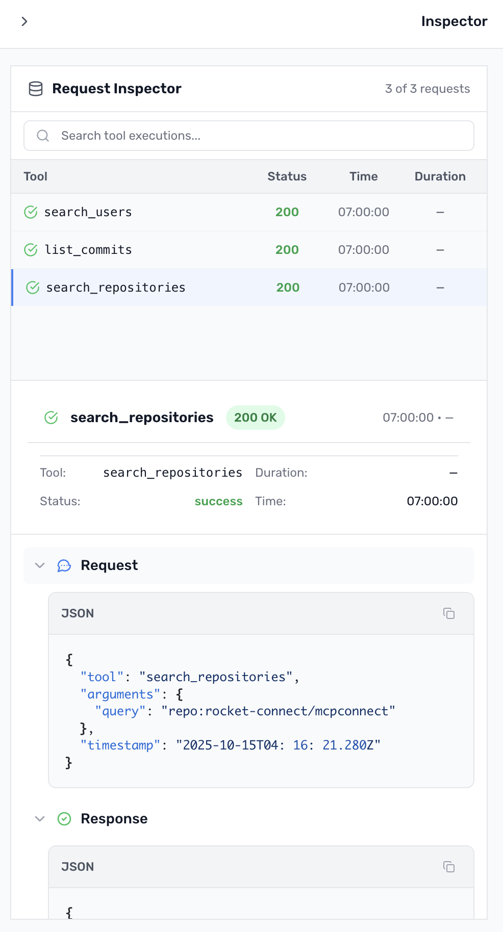Showing MCP Connect tool right-hand sidebar with GitHub protocol inspection