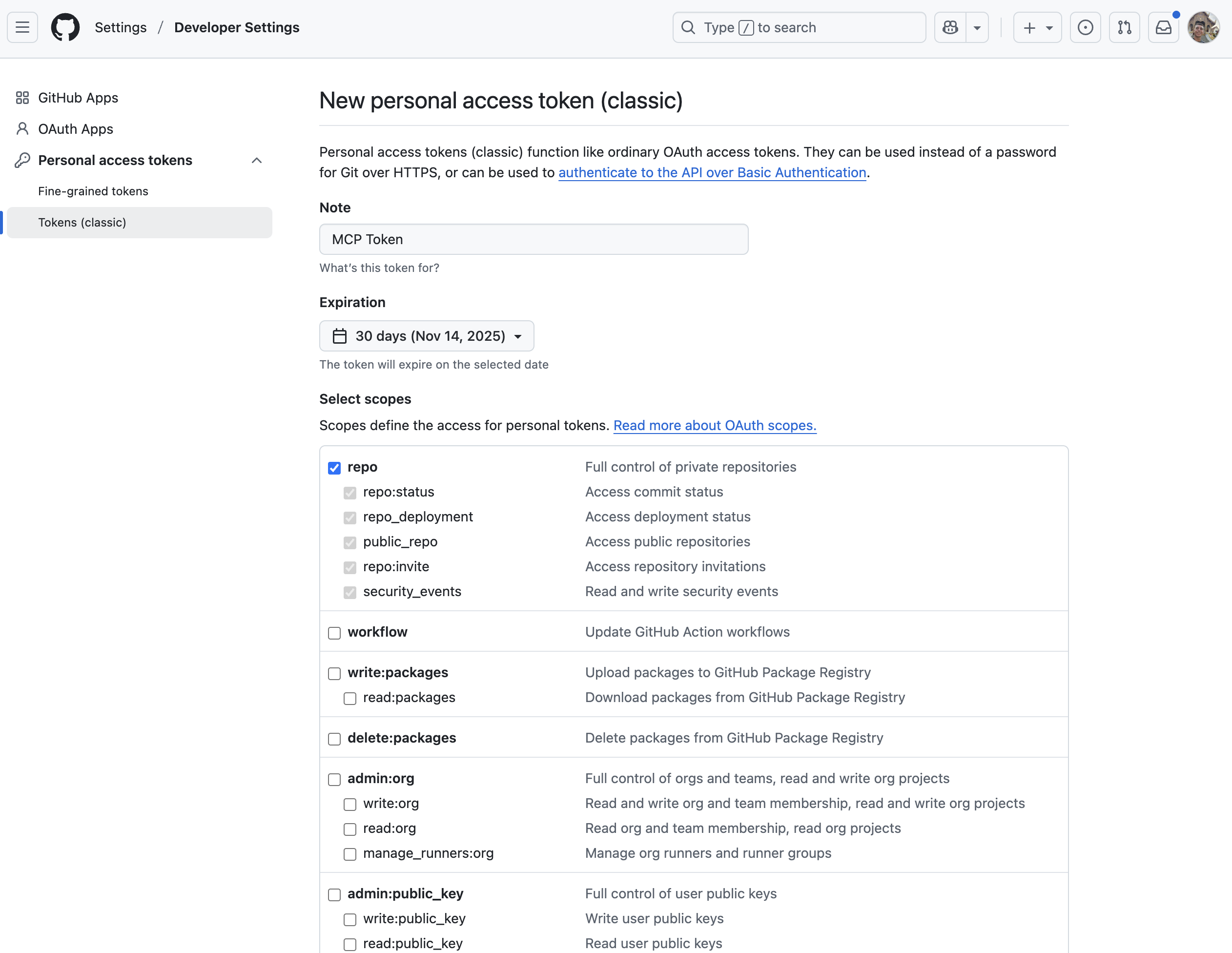 GitHub token permissions selection