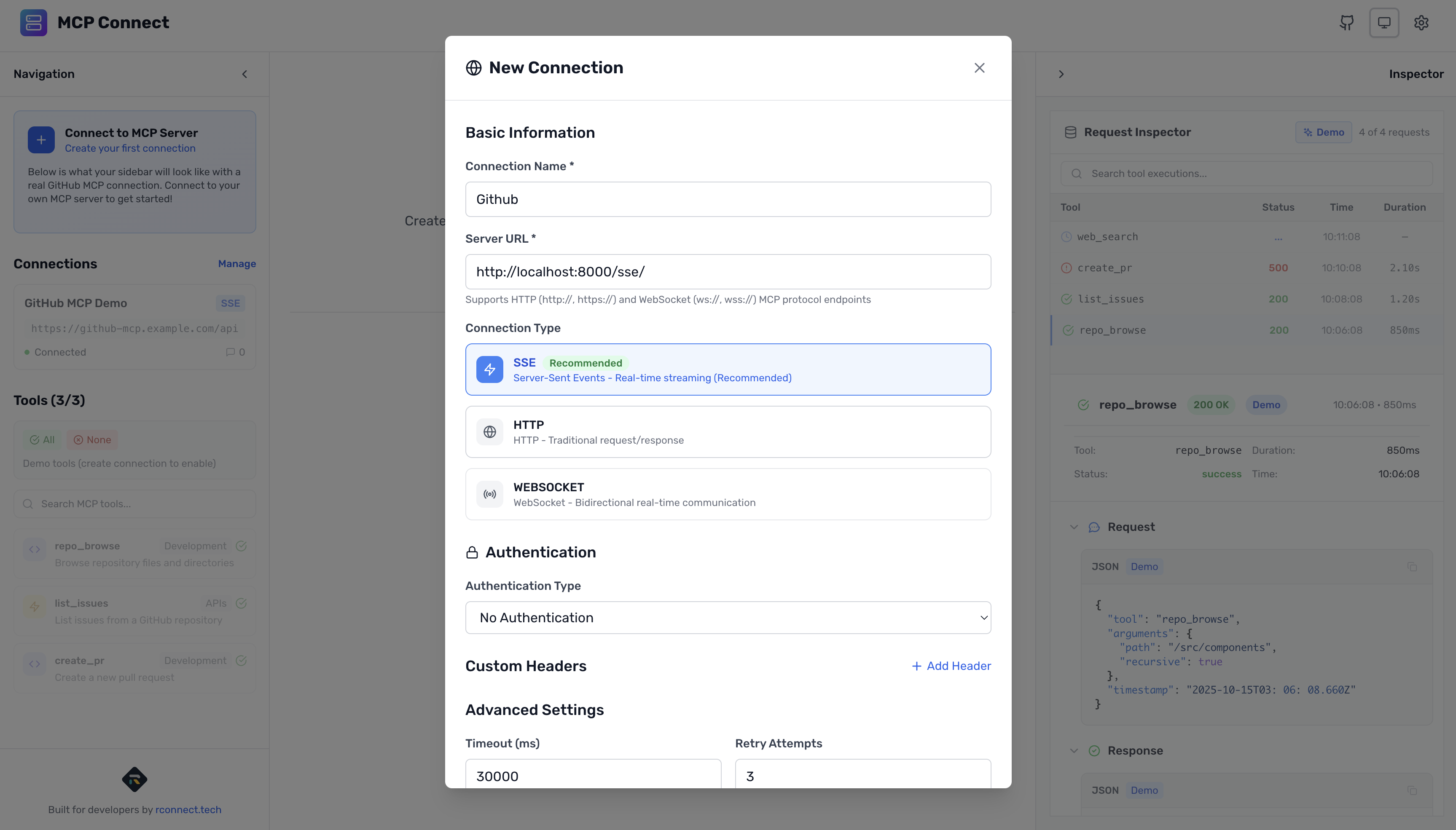MCP Connect create connection to GitHub MCP server