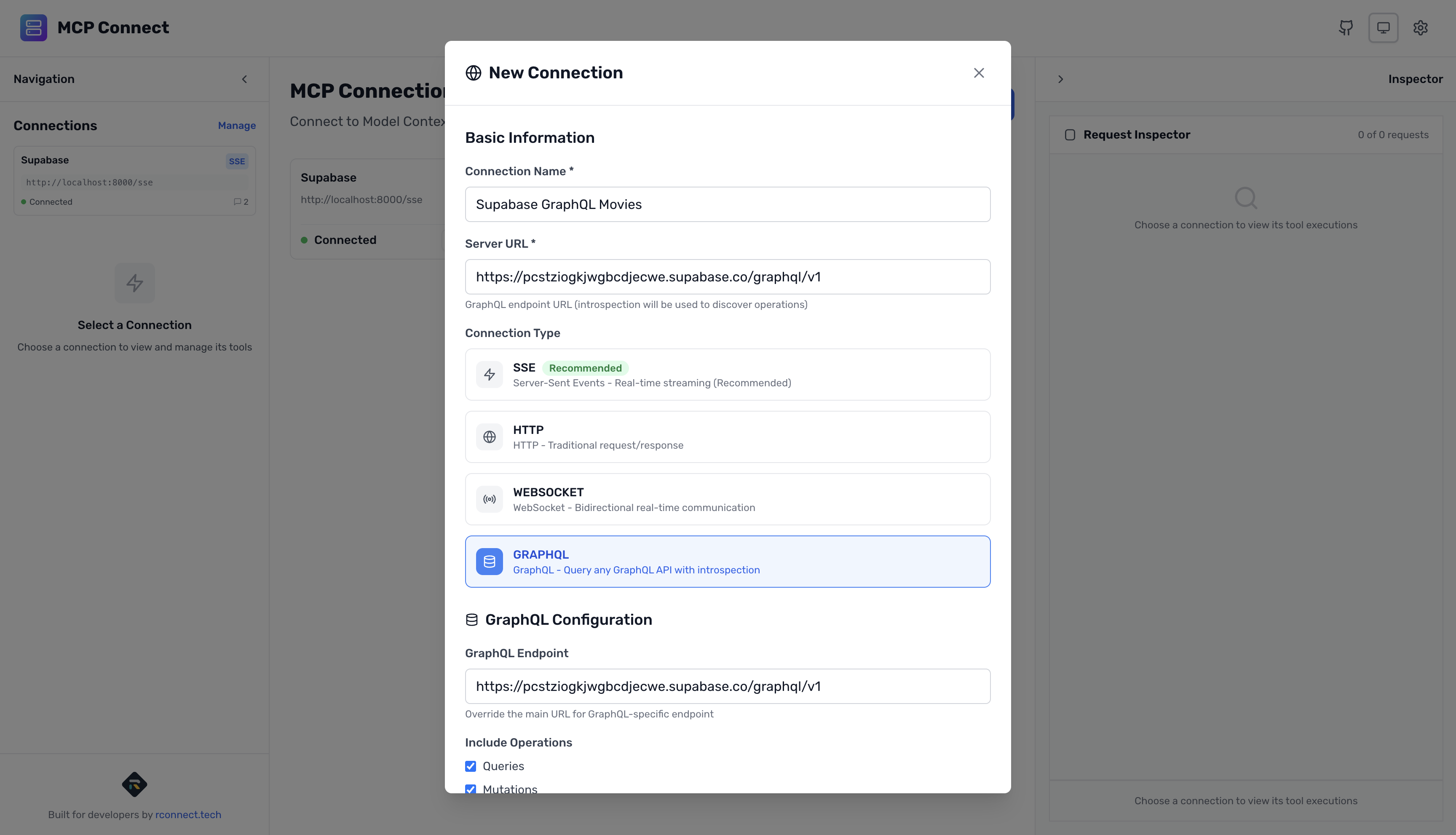 Creating a new GraphQL connection in MCP Connect