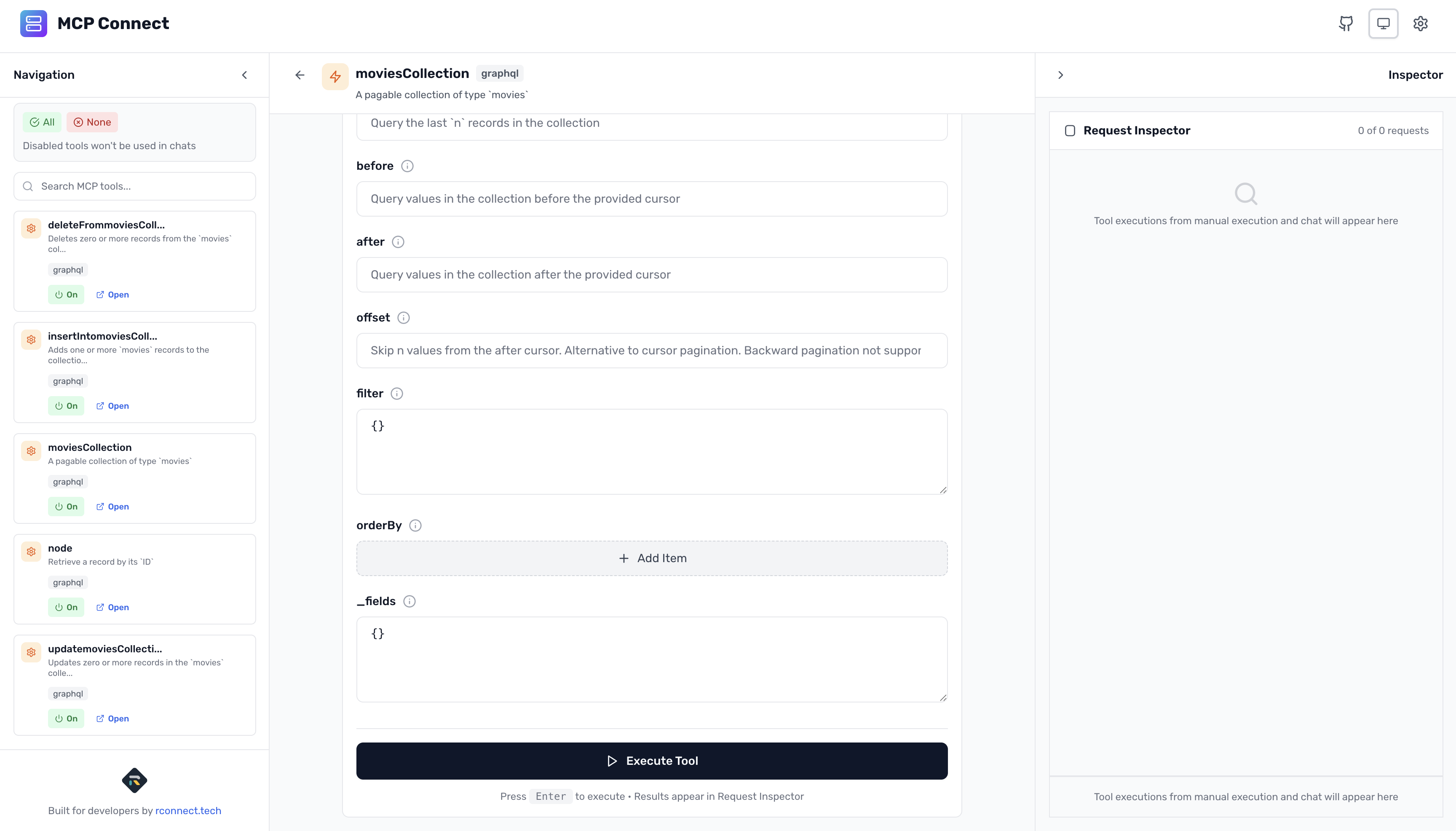 MCP Connect GraphQL tool showing _fields parameter