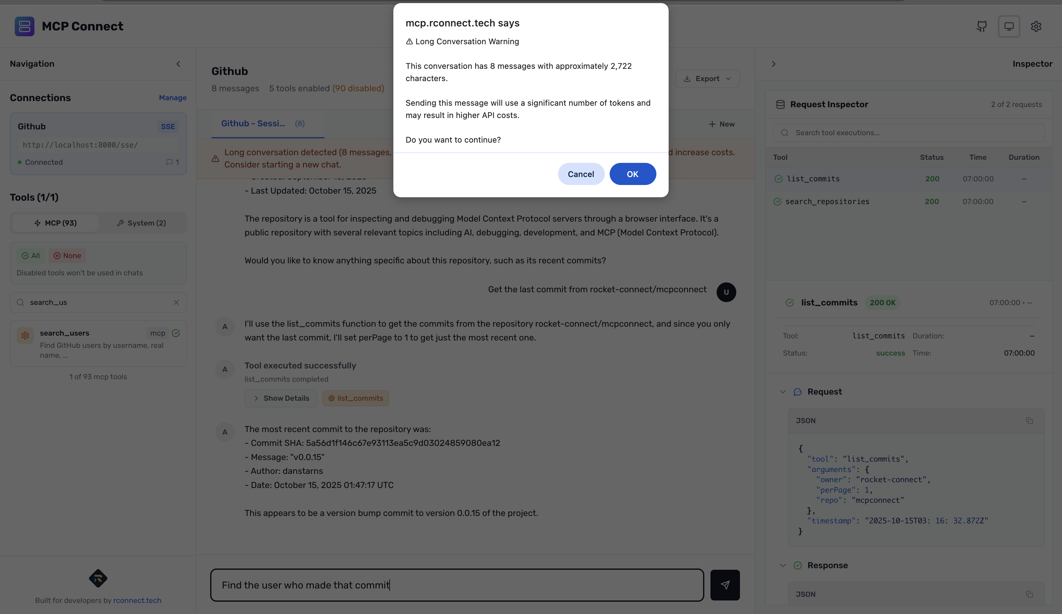 Showing warning of message limit with GitHub tools