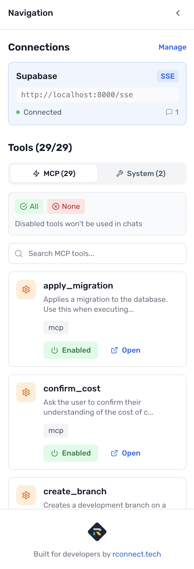 MCP Connect tool management sidebar