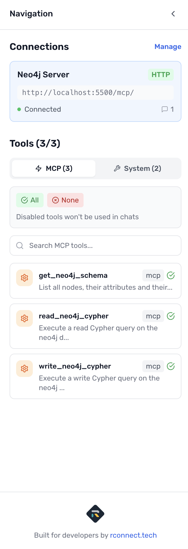 Showing MCP Connect tool left hand sidebar