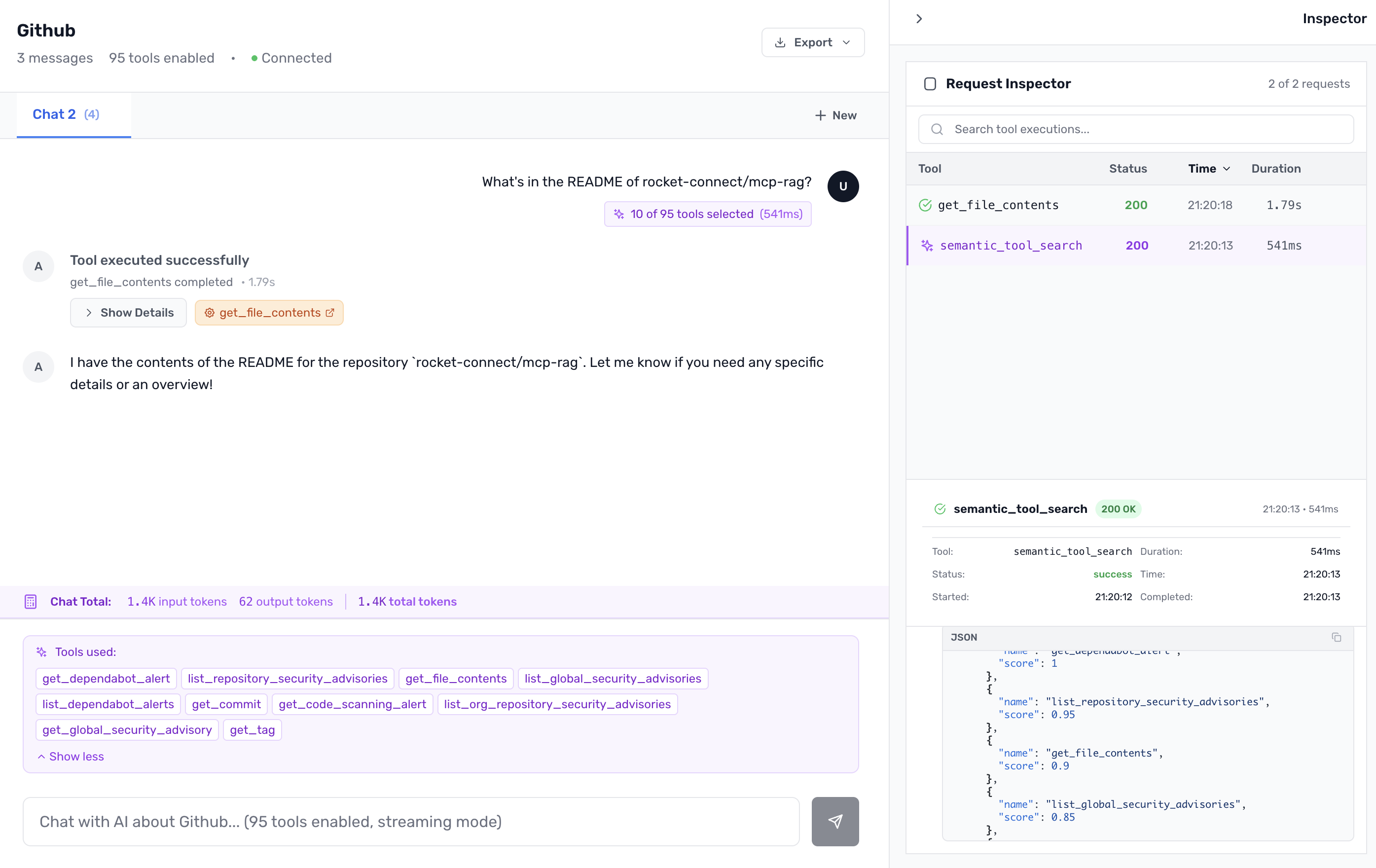 MCP Connect Inspector UI interface showing semantic tool selection overview