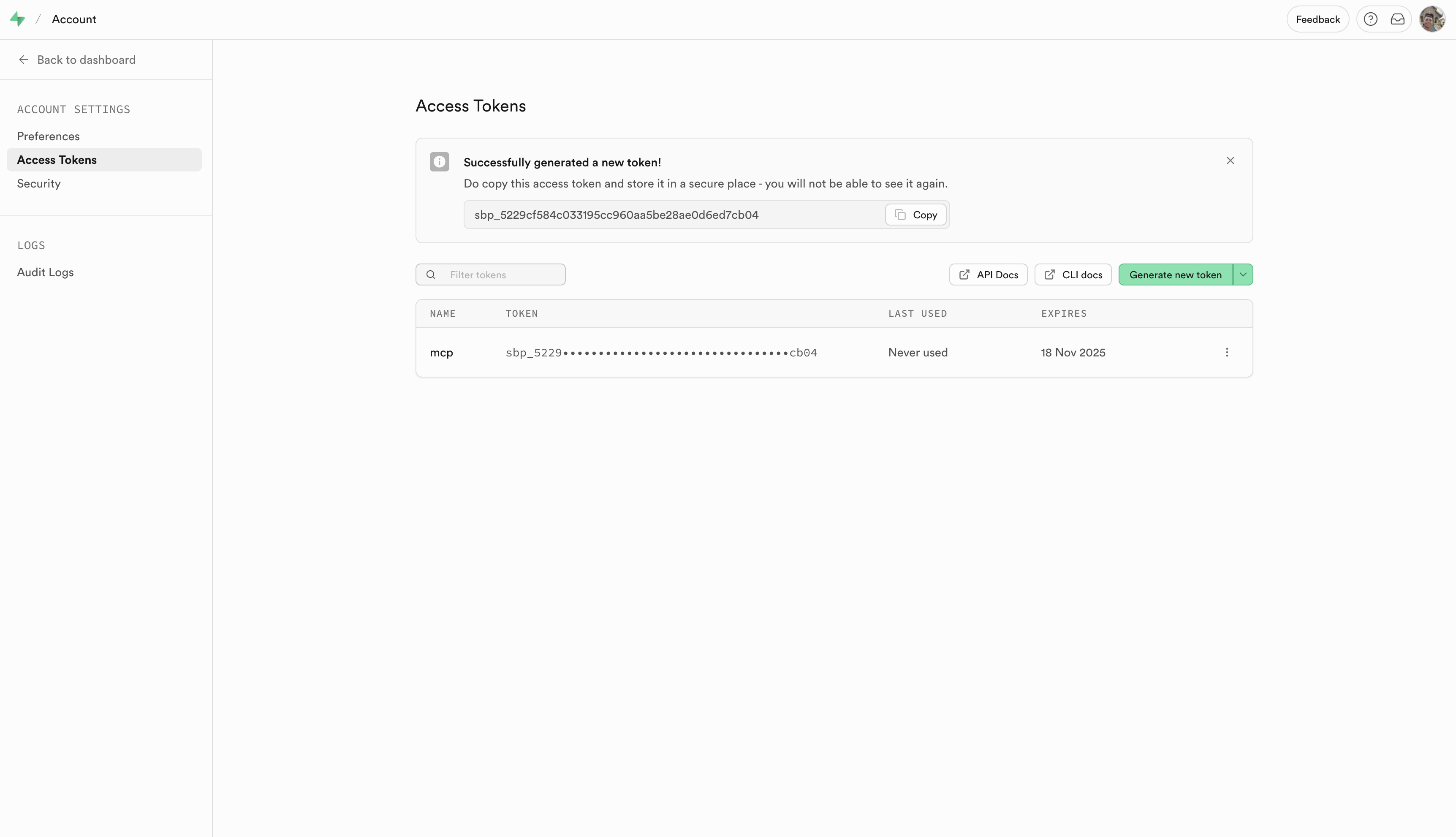 Supabase token successfully generated