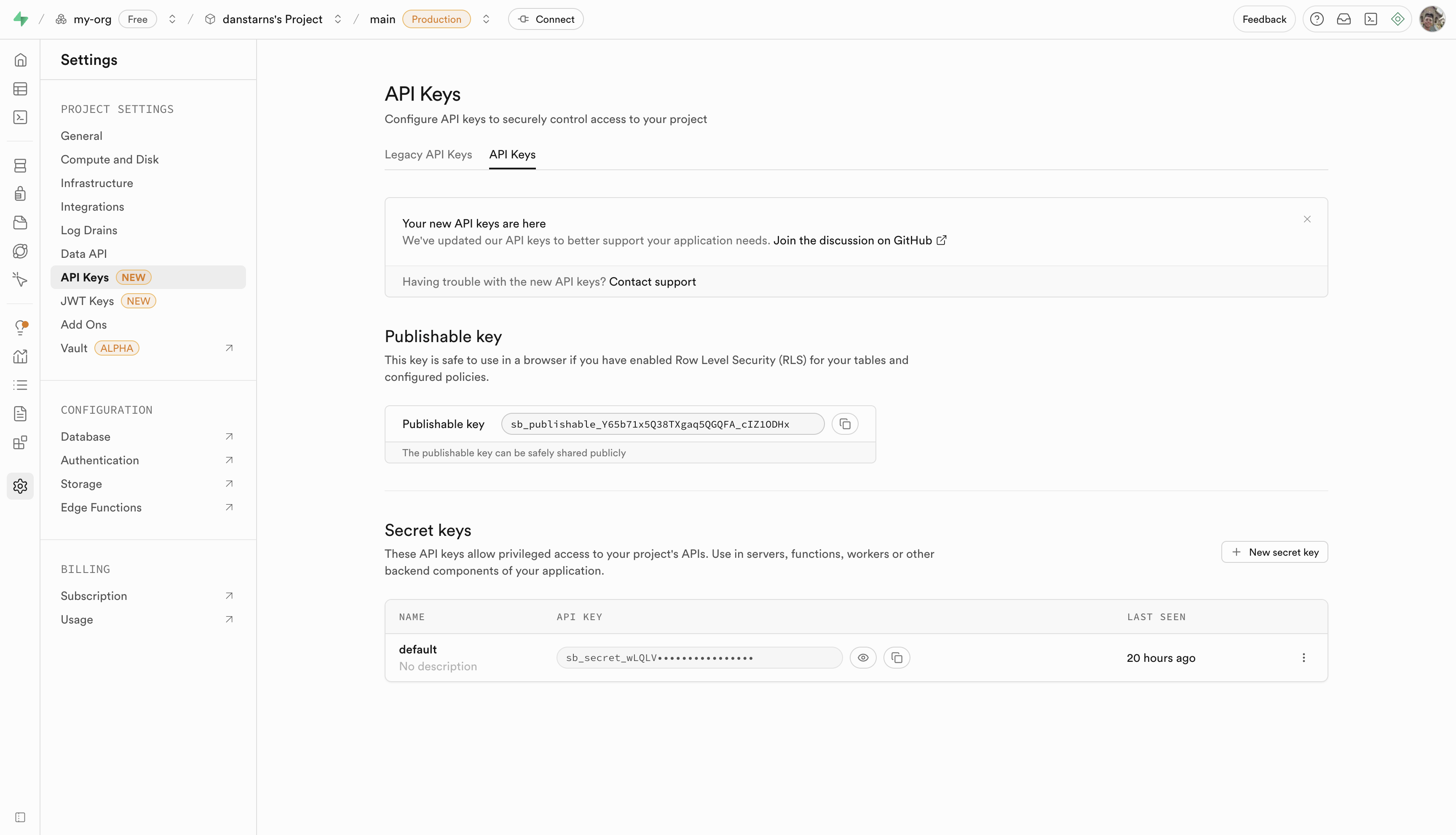 Supabase API settings showing publishable key