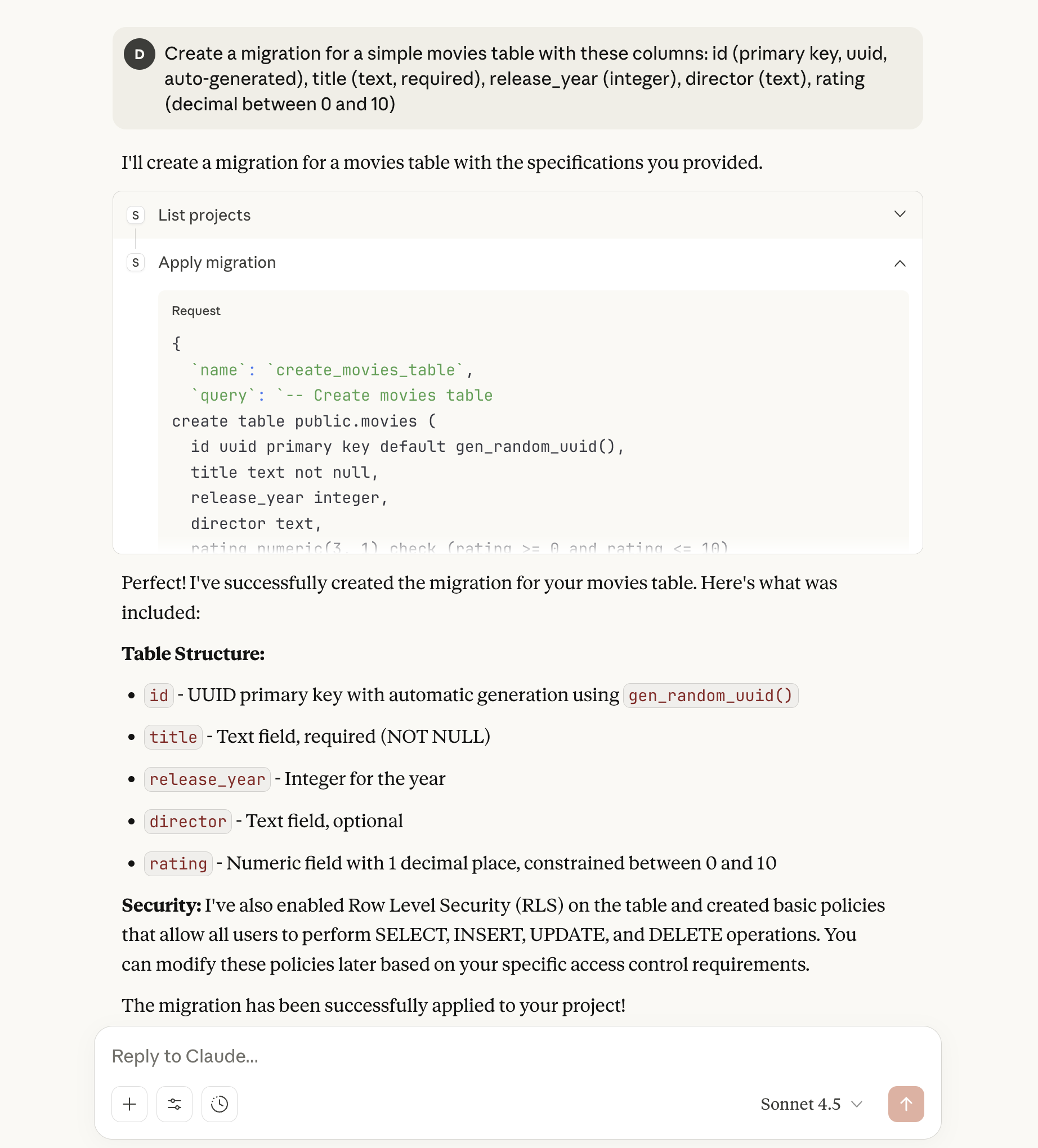 Claude Desktop creating movies schema
