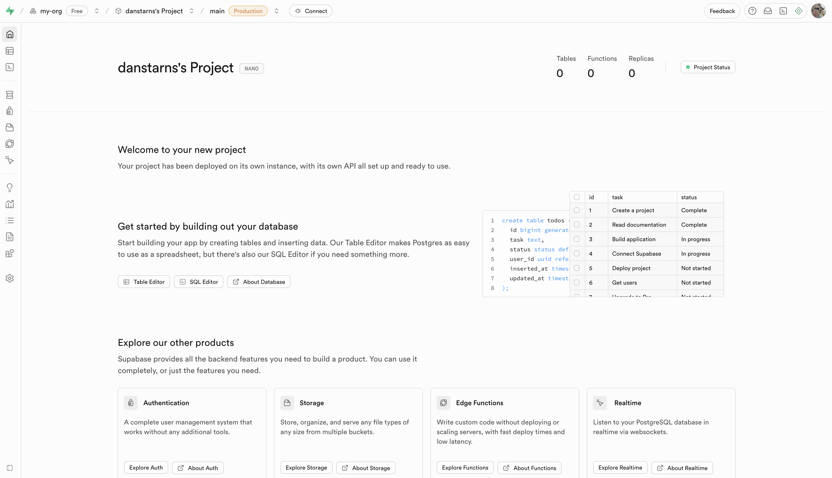 Supabase project dashboard