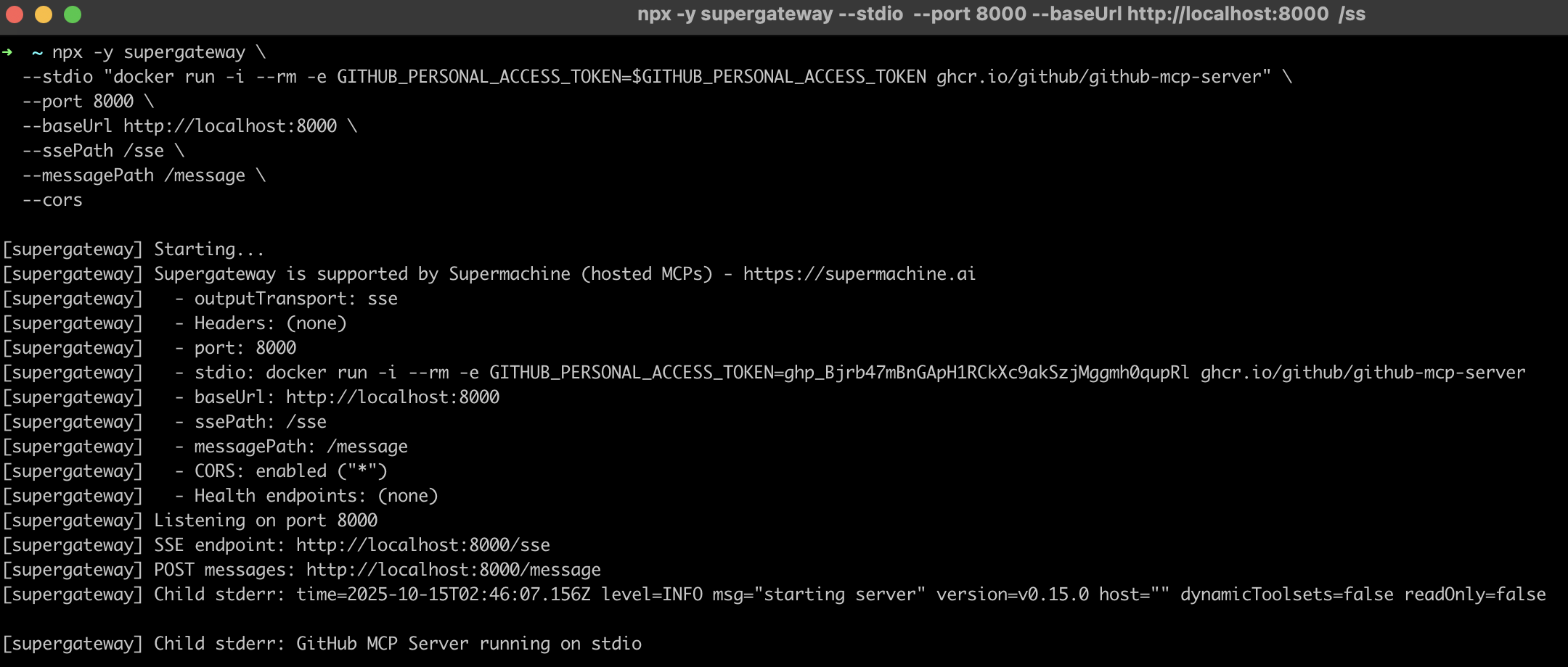 GitHub MCP server running in terminal with SSE transport